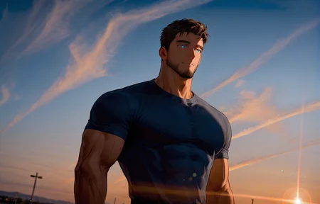 <lora:Cirrus-07:1> muscular man, Cirrus Clouds, gradient sky, sunset, outdoors, sky, scenery, muscular man, bokeh, backlight, lens flare, depth of field,  
(very short hair, beard, bara, mature, facial hair, stubble, beard, full beard, sideburn, beard, a lot of beard, ), facial hair,male focus, muscular male, muscular male, bara, mature,  bara, mature, dutch angle,
aixiwuganda_(20222192), very awa, masterpiece, best quality, absurdres, newest, perfect quality, detailed background, intricate details,
<lora:slider_Body Type_alpha1.0_rank4_noxattn_last:2><lora:style_Anime Summer Days 2 Style SDXL_LoRA_Pony Diffusion V6 XL:.6><lora:slider_cfg_scale_boost:.7><lora:face_Artist6p-10:.55>, Artist6p, Artist04p,<lora:slider_il_brightness_slider_d1:-1><lora:slider_il_contrast_slider_d1:-1><lora:slider_DarkSlider1.2_alpha1.0_rank16_full_300steps:-.6>