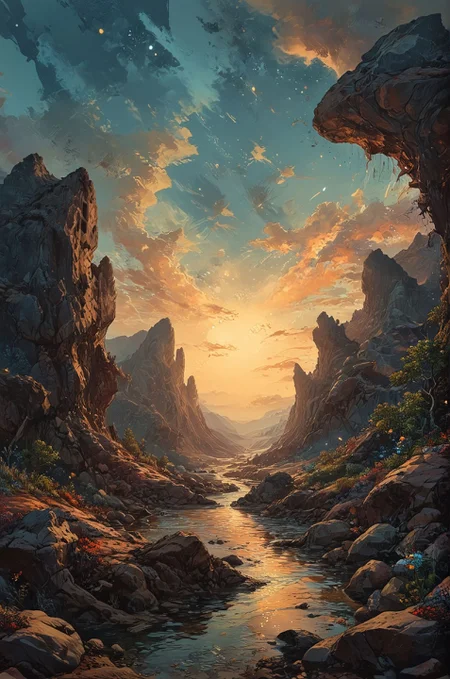An otherworldly landscape inspired by the alien landscapes of distant planets, with towering rock formations carved by wind and erosion and bioluminescent flora casting an ethereal glow. The sky is filled with swirling nebulae and distant stars, hinting at the mysteries of the cosmos. (masterpiece, award winning artwork)
many details, extreme detailed, full of details,
Wide range of colors, high Dynamic
<lora:EldritchMixIllustration_1.0:1.0>
<lora:add-detail-xl:0.89>
 <lora:xl_more_art-full_v1:0.4> 
 <lora:MJ52:0.4>