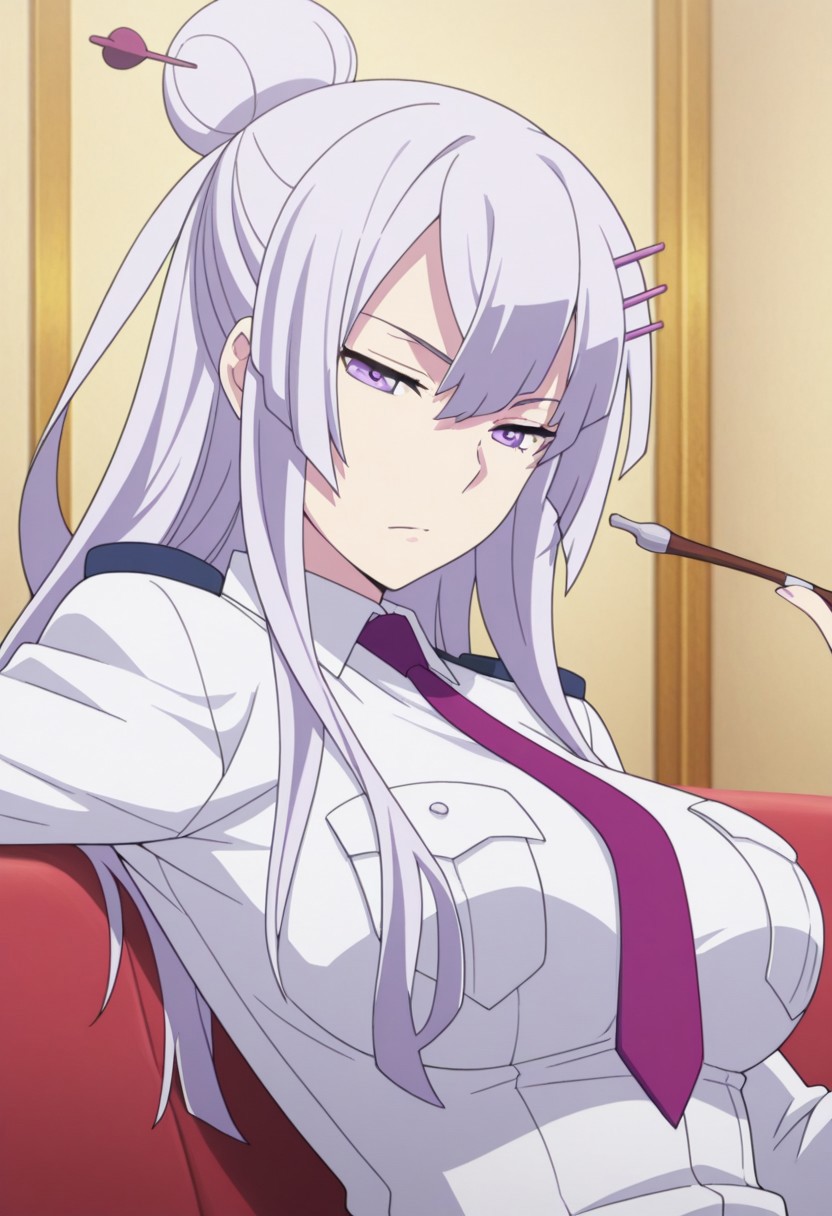 masterpiece,best quality,amazing quality, source_anime, 
Froleytia, 1girl, solo, purple eyes, purple hair, long hair, hair ornament, single hair bun, hair stick, uniform, shirt, white shirt, collared shirt, necktie, purple necktie, upper body, holding smoking pipe, kiseru,
indoor, couch, sitting,