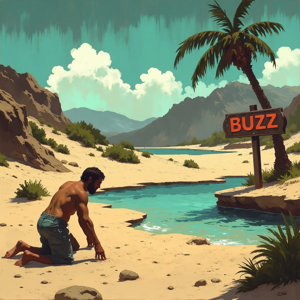 score_9, score_8_up, score_7_up, oasis in the distance, a dehydrated man in a desert crawling toward a small oasis, a giant metal sign in the oasis that says "BUZZ", a bleak gray desert, a vibrant oasis