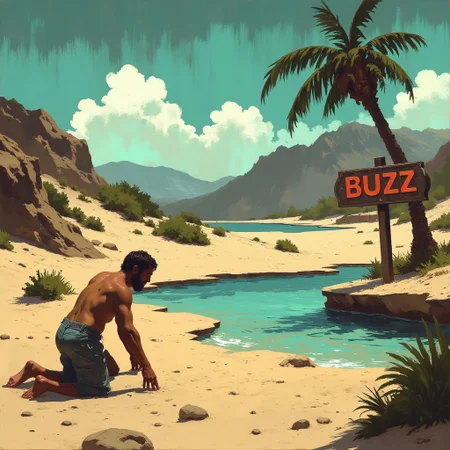 score_9, score_8_up, score_7_up, oasis in the distance, a dehydrated man in a desert crawling toward a small oasis, a giant metal sign in the oasis that says "BUZZ", a bleak gray desert, a vibrant oasis