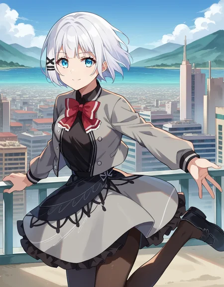 score_9, score_8_up, score_7_up, source_anime,
siesta, <lora:siesta-ponyxl-lora-nochekaiser:1>,
siesta, short hair, bangs, blue eyes, hair ornament, white hair, hairclip, smile,
dress, bow, bowtie, red bow, red bowtie, shirt, long sleeves, jacket, pantyhose, frills, shoes, grey jacket, open clothes, black shirt,
outdoors, cityscape,
looking at viewer, cowboy shot, dynamic pose,