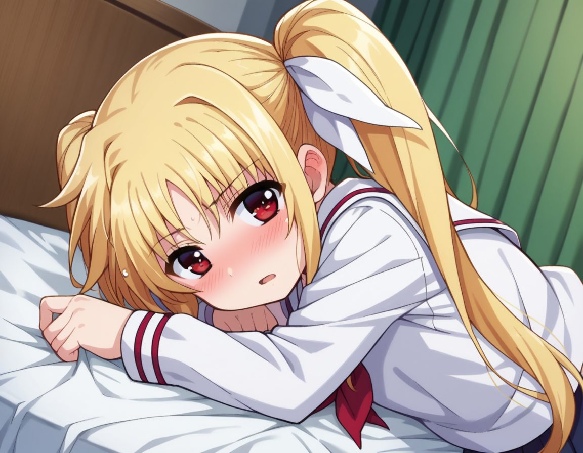 score_9, score_8_up, score_7_up, source_anime,
fatetestarossa, <lora:fate-testarossa-movie2-ponyxl-lora-nochekaiser:1>,
fate testarossa, long hair, blonde hair, red eyes, twintails, hair ribbon,
long sleeves, school uniform, serafuku, shirt, white shirt, white sailor collar,
indoors, bed, bed room, on side, blush, drunk,
looking at viewer, dutch angle, cowboy shot,