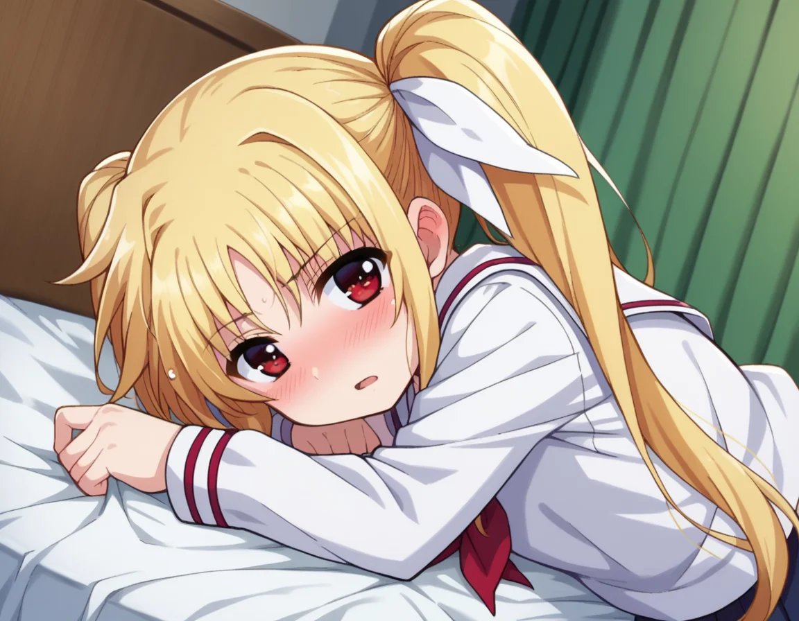 score_9, score_8_up, score_7_up, source_anime,
fatetestarossa, <lora:fate-testarossa-movie2-ponyxl-lora-nochekaiser:1>,
fate testarossa, long hair, blonde hair, red eyes, twintails, hair ribbon,
long sleeves, school uniform, serafuku, shirt, white shirt, white sailor collar,
indoors, bed, bed room, on side, blush, drunk,
looking at viewer, dutch angle, cowboy shot,