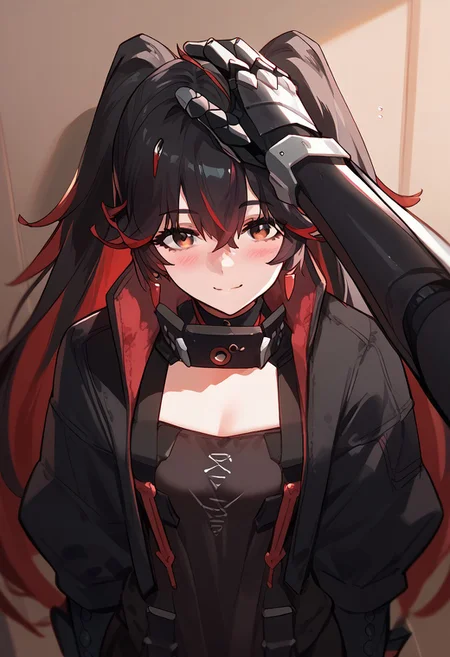 zPDXL3, score_9_up, score_8_up, score_7_up, (Anime_source), 1girl, Plume, red eyes, multicolored hair, red hair, black hair, long hair, twintails, Plume clothes, mechanical arm, upper body, headpat, pov hands, from above, looking at viewer, smile, little blush, closed mouth, smile
