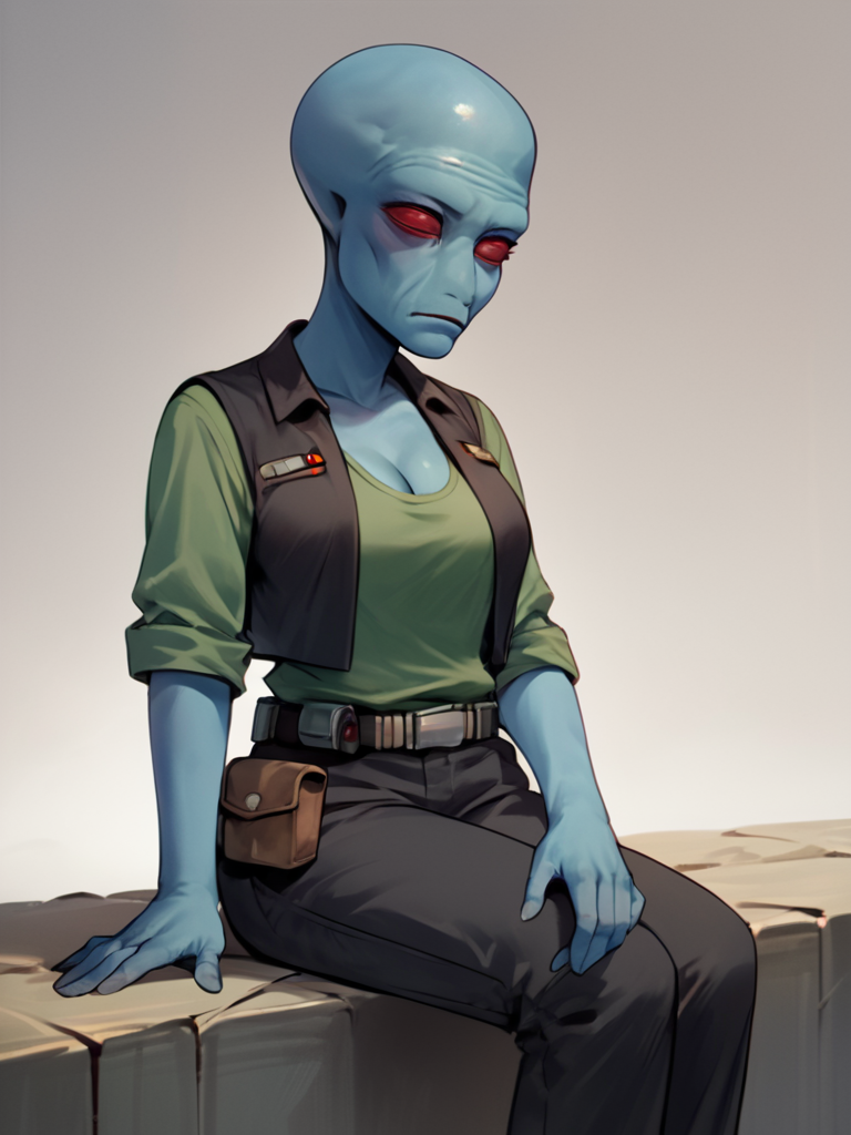 score_7_up, score_8_up, score_9, masterpiece, (1girl, solo,)perfect face, perfect hands, high quality, source_anime, cowboy shot, <lora:Duros_-_Star_Wars:1> duros, colored skin, alien, red eyes, blue skin, bald, sitting, black vest, green undershirt, black pants, utility belt, medium breasts, cleavage,