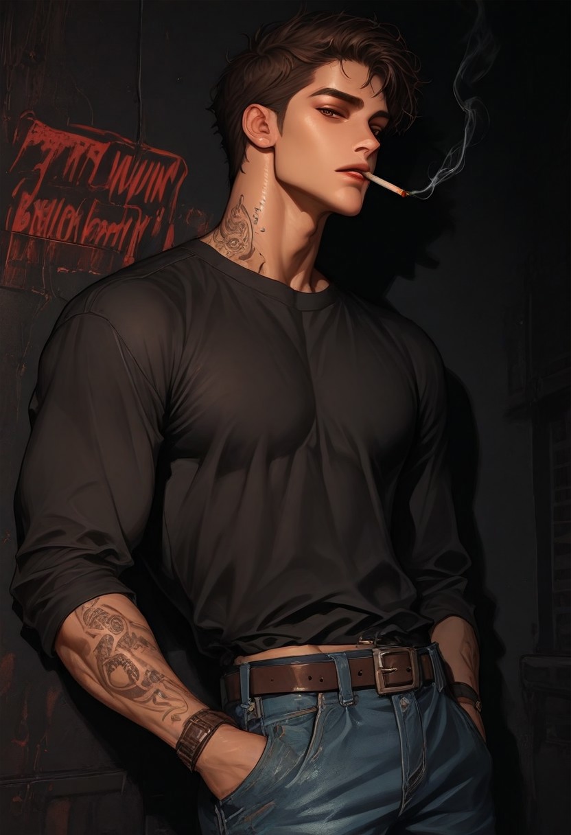 1boy. handsome, short hair, messy hair, brown hair, brown eyes. Muscular, tattoos. pretty eyes. 
leaning against wall, smoking cigarette, hand in pocket. looking at viewer. half lidded eyes. lustful expression. seductive.
Black shirt, blue jeans. Rings, belt, loose jeans, boxer waist band.
directional lighting. dark background. run down city, graffiti. 
side view.
absurdres