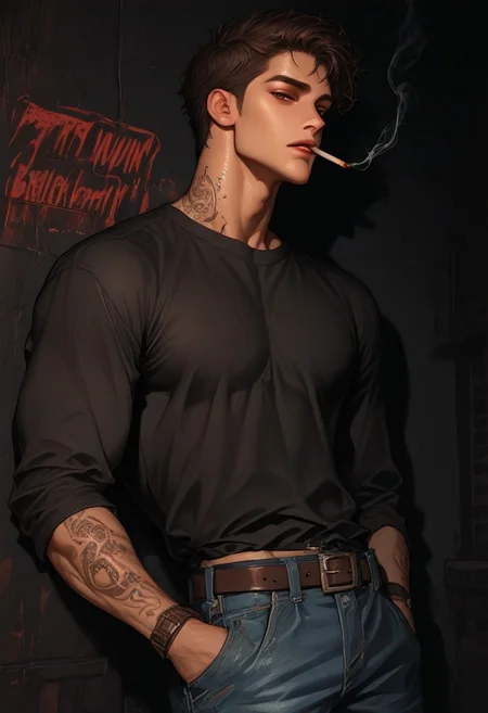 1boy. handsome, short hair, messy hair, brown hair, brown eyes. Muscular, tattoos. pretty eyes.
leaning against wall, smoking cigarette, hand in pocket. looking at viewer. half lidded eyes. lustful expression. seductive.
Black shirt, blue jeans. Rings, belt, loose jeans, boxer waist band.
directional lighting. dark background. run down city, graffiti.
side view.
absurdres