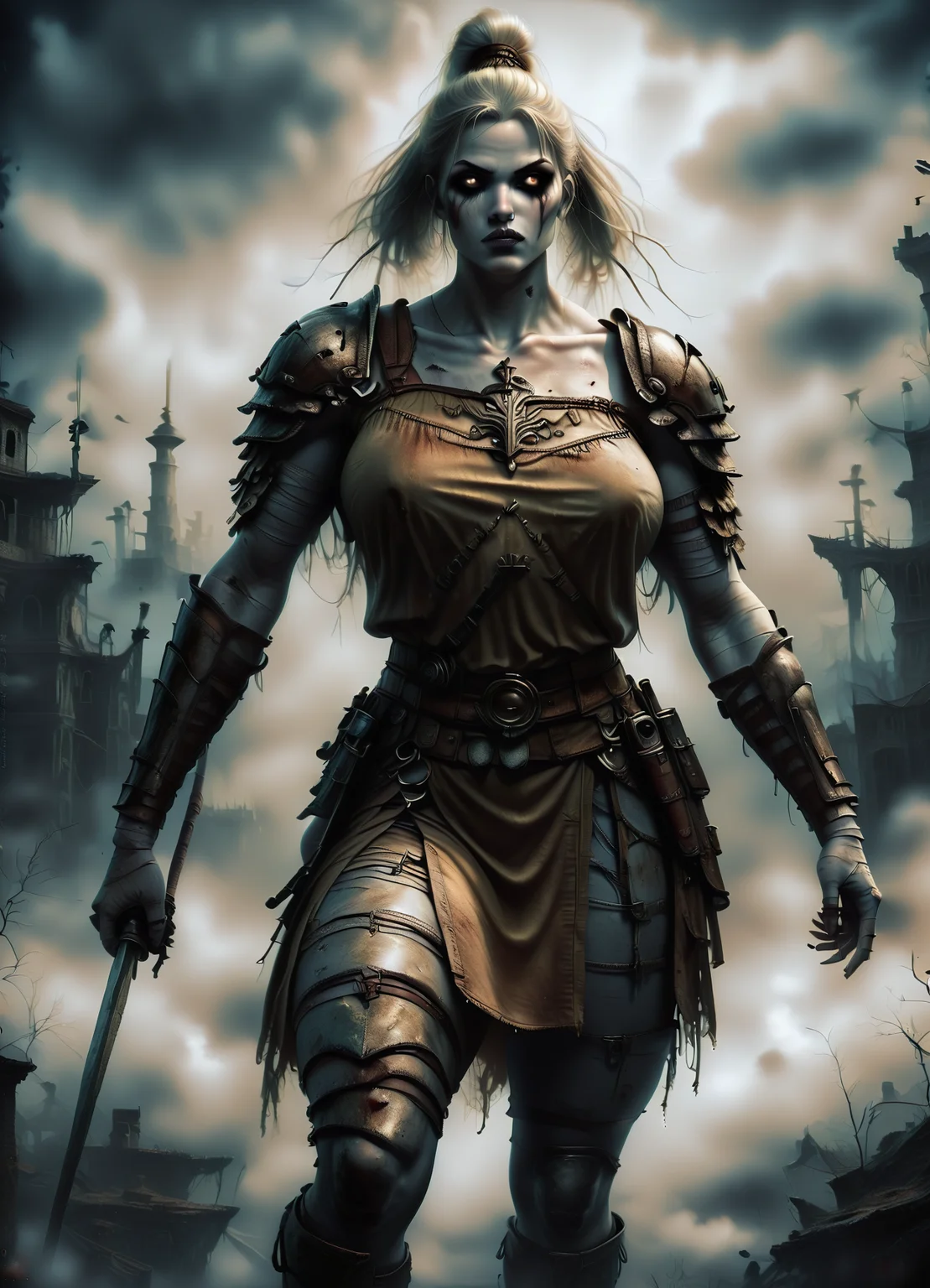 DonMGl00myN1gh7m4r3XL,score_9, score_8_up, score_7_up, score_6_up, amazon, fearless female warrior, skilled archer, formidable strength, independent and self-reliant, tall and muscular stature, battle-hardened, warriors of ancient myths, honor and bravery, fantasy , creepy, gloomy, <lora:DonMGl00myN1gh7m4r3XL:0.8>
