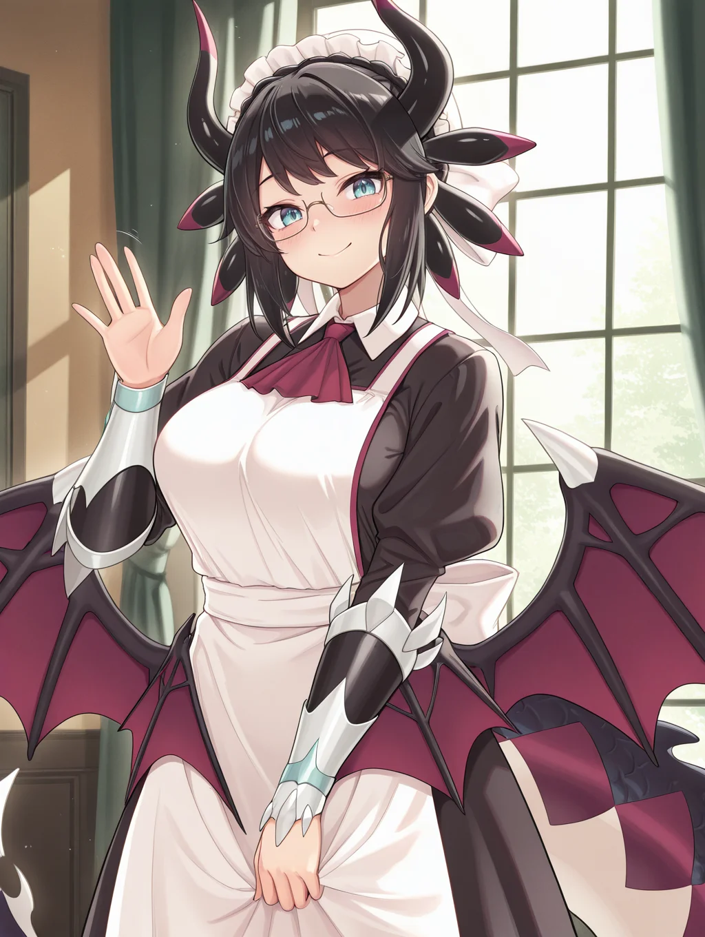 dragon girl,house dragonmaid,1girl,solo,frills,black under-rim eyewear,smile,looking at viewer,waving,blush,hand up,red ascot,black maid dress,low dragon wings,silver vambraces,white mob cap,indoors,window,
masterpiece,best quality,amazing quality,very aesthetic,absurdres,newest,<lora:House dragonmaid illuXL v1:0.75>,