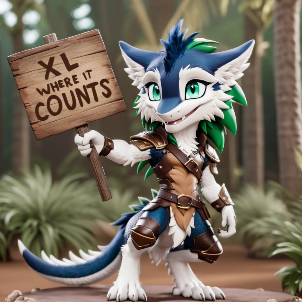 a chibi sergal holding up a sign that says "XL where it counts", luxuriously fluffy with highly detailed blue fur, brown leather armor, expressive green eyes, and a sassy expression <lora:Sergal-XL-1.0-000014:1>