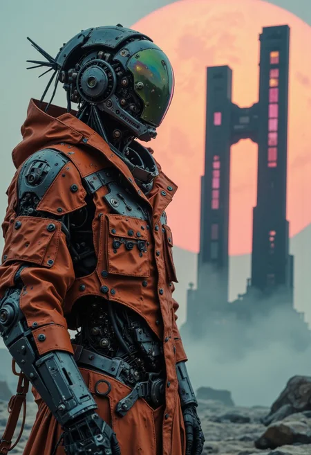 In the style of Franck Bohbot, the scene is imbued with faded neon hues of the 80s, washed-out pastel tones, and dystopian beige and gray. In the foreground stands the decayed yet strikingly intricate form of a wired cyborg. Its metallic finish, weathered with bleaked orange and green hues, is accented by muted neon highlights of pink, cyan, and violet. The cyborg's hull is outworn and rusted with age, while translucent glass elements shimmer faintly in the spectral twilight. Seams and exposed wiring reflect a melancholic glow, and antennas sprout from its head, lending it a haunting yet mesmerizing presence. It wears a high-collared, reinforced parka with a utilitarian resilience, its fabric frayed and dusted with ash.
Behind this relic of a bygone era, a massive abyss looms in the vastness of outer space, tinted with a pale, dusty pink and shadowy blue. Two towering structures of black metal rise ominously into the high clouds, their modern-medieval design illuminated by faint reflections of pastel neon light. Sharp geometric angles contrast with massive windows that catch the dying rays of the dim orange sun. vantablack, vastyle, in the style of ck-ncr,, a photo of, in the style of franck-bohbot,