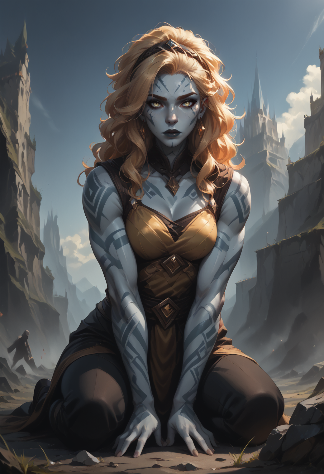 safe_pos, score_9, score_8_up, score_7_up, source_anime, source_western, source_comic BREAK 1girl, solo, goliath, light yellow hair, tight curls hair with headband, colored skin, mole on body, gray skin, muscular body, medium breasts, dragon tattoo BREAK <lora:minigts:0.5> tallgts, <lora:goliath:1.0> goliath, empty eyes, stone skin, body tattoo, face tattoo, colored skin, fantasy BREAK fantasy, (depressed:1.0),, outside, mountains, kneeling,, black layered dress, colored lips BREAK ((dynamic angle)), dramatic lighting BREAK <lora:vivid_everclear:0.4> <lora:RELSM_v1:0.5> <lora:FantasyGPT4VLycoXL:0.6> <lora:FNTS:0.6> FNTS, <lora:Expressive_H:0.6> Expressiveh, <lora:pony_good_hands:0.7> good_hands BREAK <lora:reij-shdws:0.7> reij-shdws, shadows, dark light