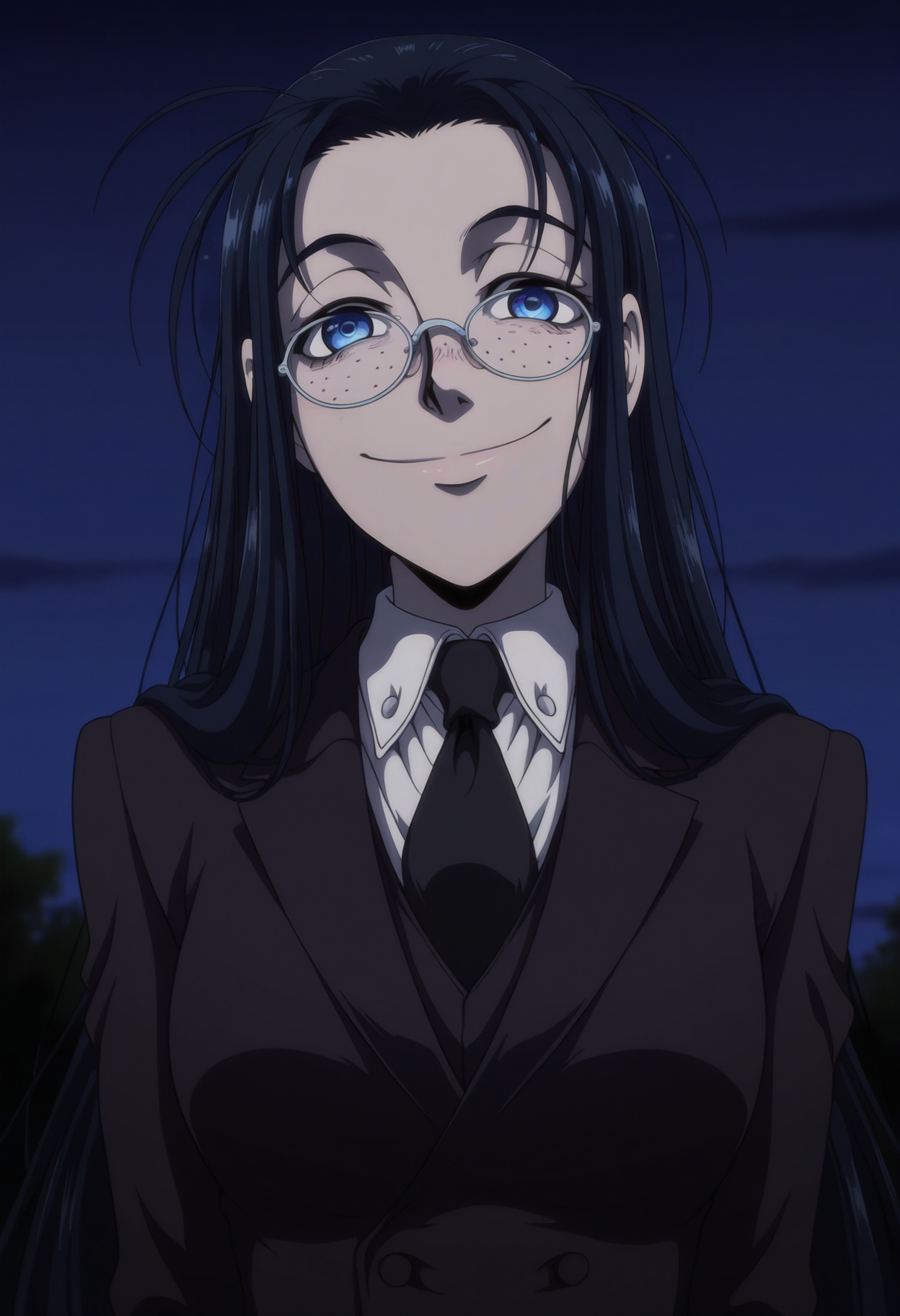 1girl,solo,rvw,long hair,blue eyes,black hair,glasses,freckles,breasts,anime coloring,
formal, suit,upper body, looking at viewer, smile,outdoors,night
,masterpiece,best quality,amazing quality,<lora:Rip_Van_Winkle-Hellsing:0.8>