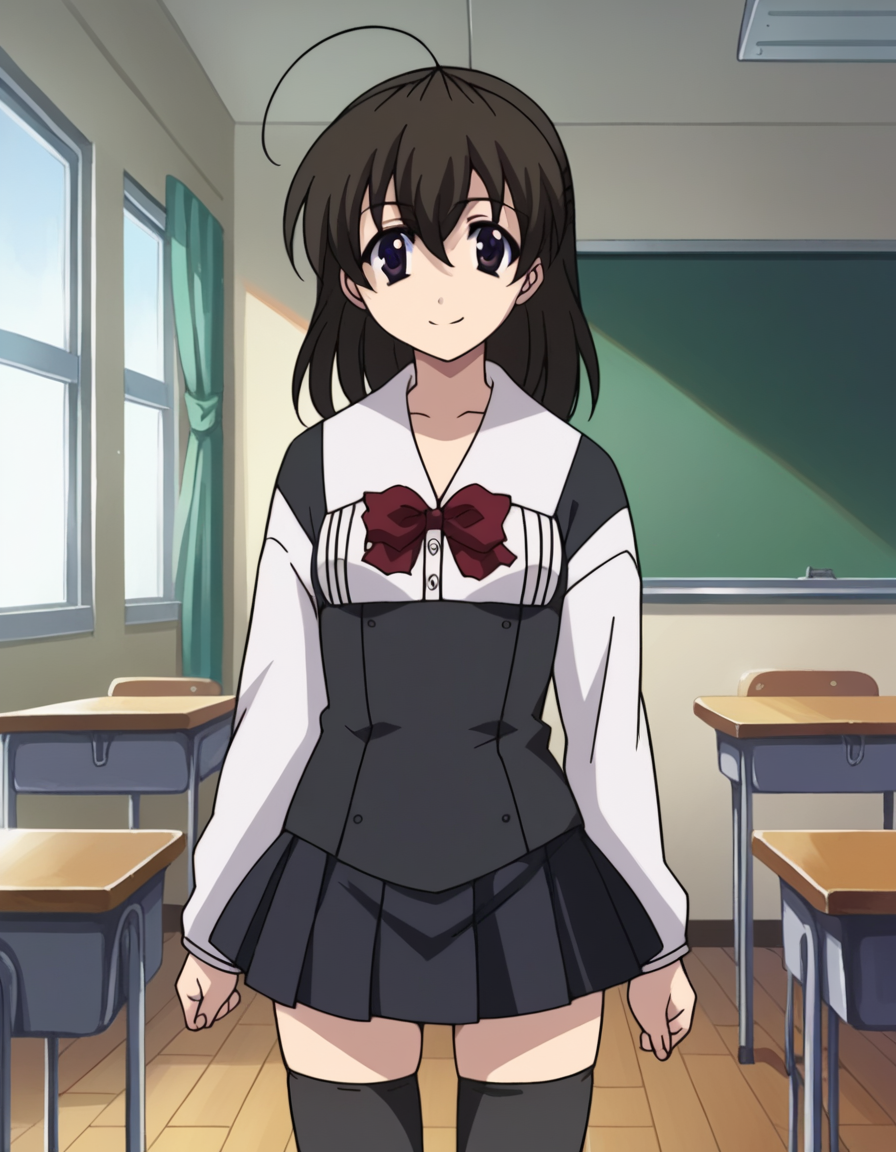 score_9, score_8_up, score_7_up, source_anime,
sekaisaionji, <lora:sekai-saionji-ponyxl-lora-nochekaiser:1>,
sekai saionji, black hair, brown eyes, ahoge, smile,
skirt, thighhighs, school uniform, shoes, black thighhighs, zettai ryouiki,
indoors, classroom,
looking at viewer, cowboy shot,