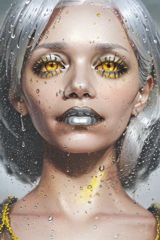 full head of an old woman with metal silver hair, yellow-amber metal slime skin, and ruby eyes, cold rain on glass