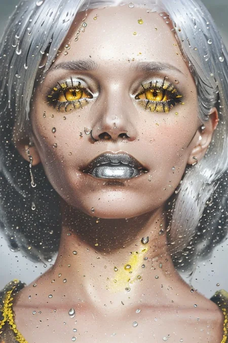 full head of an old woman with metal silver hair, yellow-amber metal slime skin, and ruby eyes, cold rain on glass
