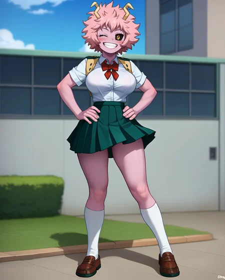 flat_color, score_9, score_8_up, score_7_up, <lora:freako_style-000010:1>, 1girl, solo, solo focus, open mouth, grin, big breasts, teeth,  school outdoors, source_anime, my hero academia, Mina ashido, blush, full body, victory pose, onw hand on hip, u.a. school uniform, wink, wink star