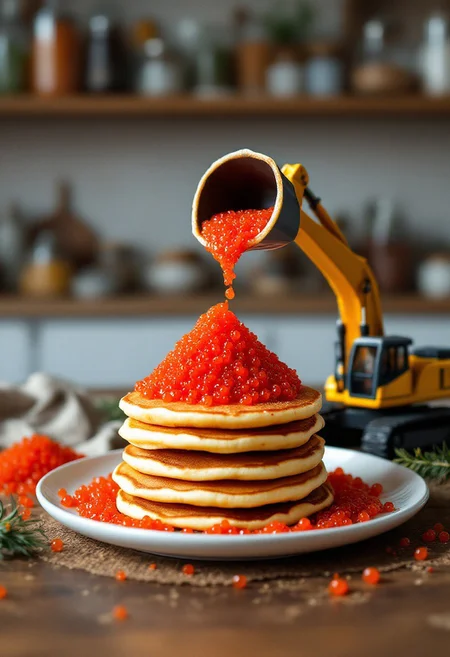 The image depicts a creative culinary presentation where pancakes are stacked atop one another on a plate. Atop the stack of pancakes sits a generous amount of red caviar, which appears to be artistically arranged in a peak shape. A miniature toy excavator is positioned behind the stack, with its bucket tilted downward, pouring more caviar onto the pancakes. on the side there is a mountain of caviar that it takes from The background features a cozy kitchen setting with various bottles and jars, suggesting a homey or restaurant environment. The overall composition blends elements of food artistry with playful decor, creating an intriguing visual contrast between the delicate texture of the caviar and the robust machinery