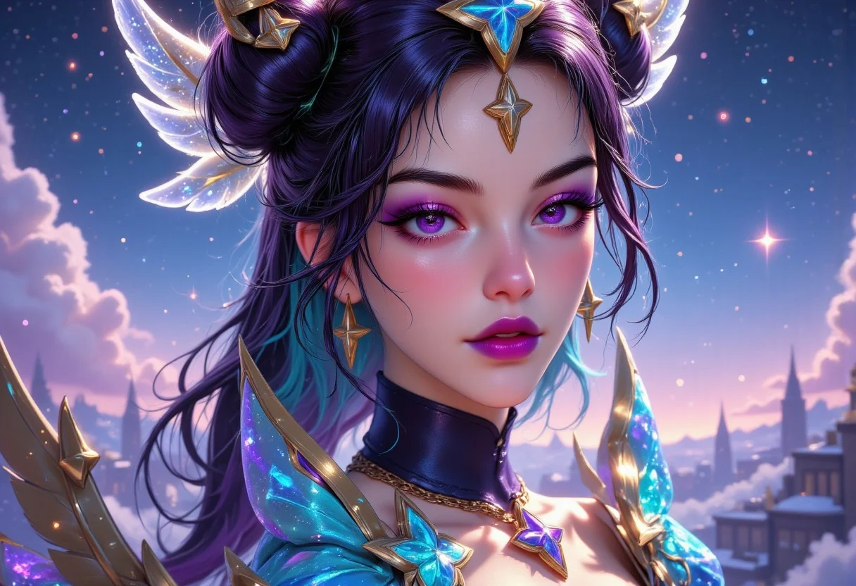 pinkenchantedmj, a digital painting showcasing PSG Syndra. Her eyes are purple, framed by thick, dramatic eyelashes. She has a pale, porcelain skin tone. She has two-toned hair, black and turquoise hair, twin buns. She has hair ornaments. She is wearing PSG clothes. upper body shot. blue and turquoise glitters shimmering all around her. her eye makeup is glittery and purple. closed mouth, serious look. her body and face is glowing like galaxies. she is surrounded by swirling, vibrant cosmic colors, vibrant star planet, ultra-detailed and photorealistic rendering, soft ambient lighting, starry nebulae in the background, dynamic and radiant color gradients, glowing reflections, cinematic composition, surreal and otherworldly atmosphere, intricate facial features, flowing hair infused with cosmic energy, luminous and ethereal, celestial radiance, soft yet detailed textures, otherworldly beauty.