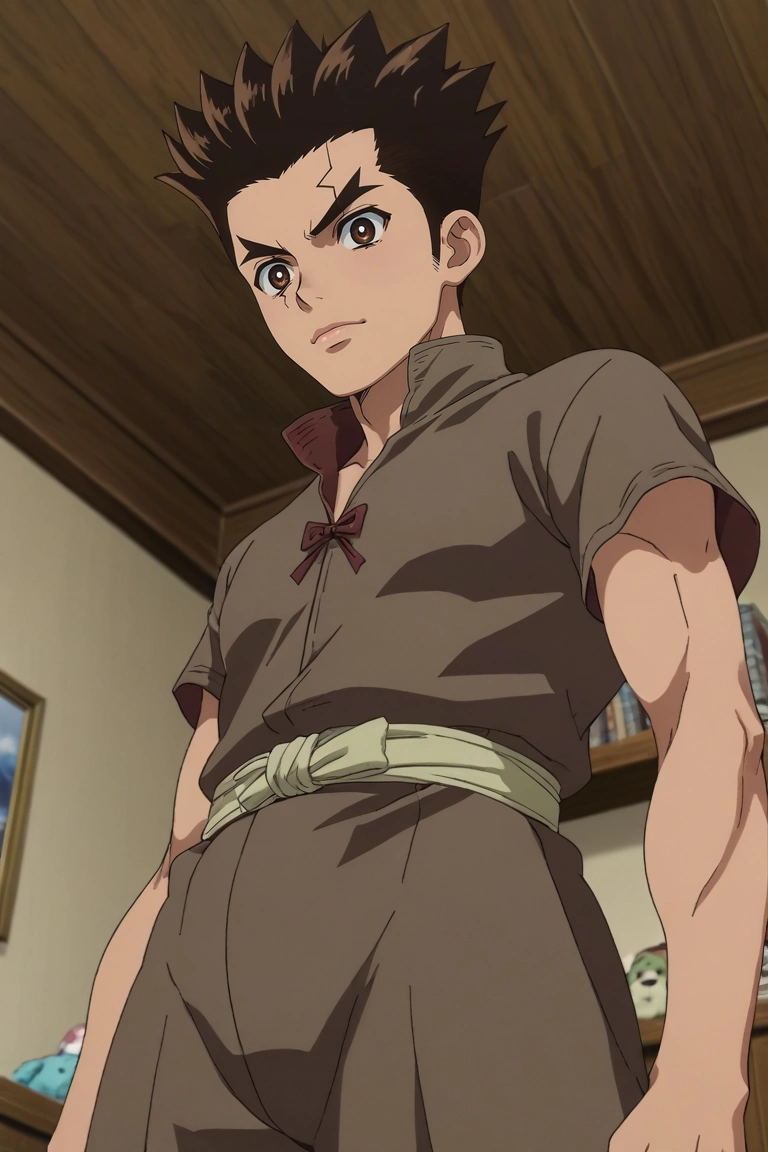 score_9, score_8_up, score_7_up, source_anime, rating_safe, intricate details, anime screencap, , , looking at viewer, depth of field, 1boy, solo, male focus, <lora:taiju_ooki_pony:0.84>, taiju_ooki, brown hair, brown eyes, short hair, spiked hair, from below, bedroom, (plush), midnight, stretching, sparkling eyes, zombie hunter costume, <lora:sdxl_lightning_8step_lora:1>