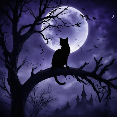 Gothic style, dark night scene, cat silhouette on a tree branch, crescent moon, deep purple and black hues, starry sky, eerie atmosphere, glowing edges, detailed textures, high contrast, mystical and somber, Victorian Gothic elements, intricate shadows