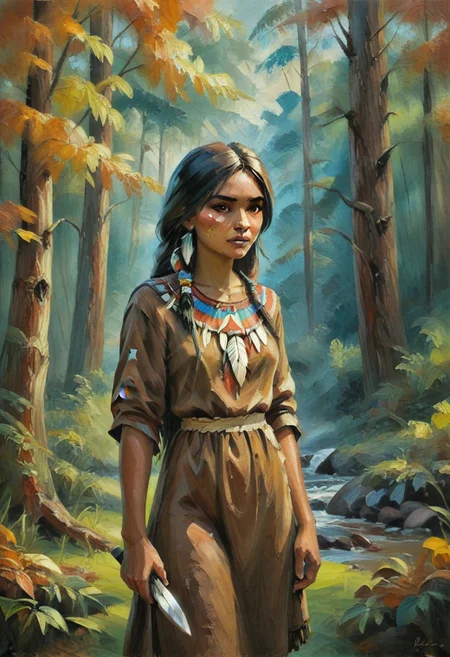 score_9, score_8_up, score_7_up, source_oil painting, oil painting, palette knife painting, painterly, faux traditional media, realistic, 1girl, very long black hair, wearing a brown deerskin dress, in an autumn forest, morning time, (((native american indian))), utah, in the style of (((Z S Liang:1.25)))