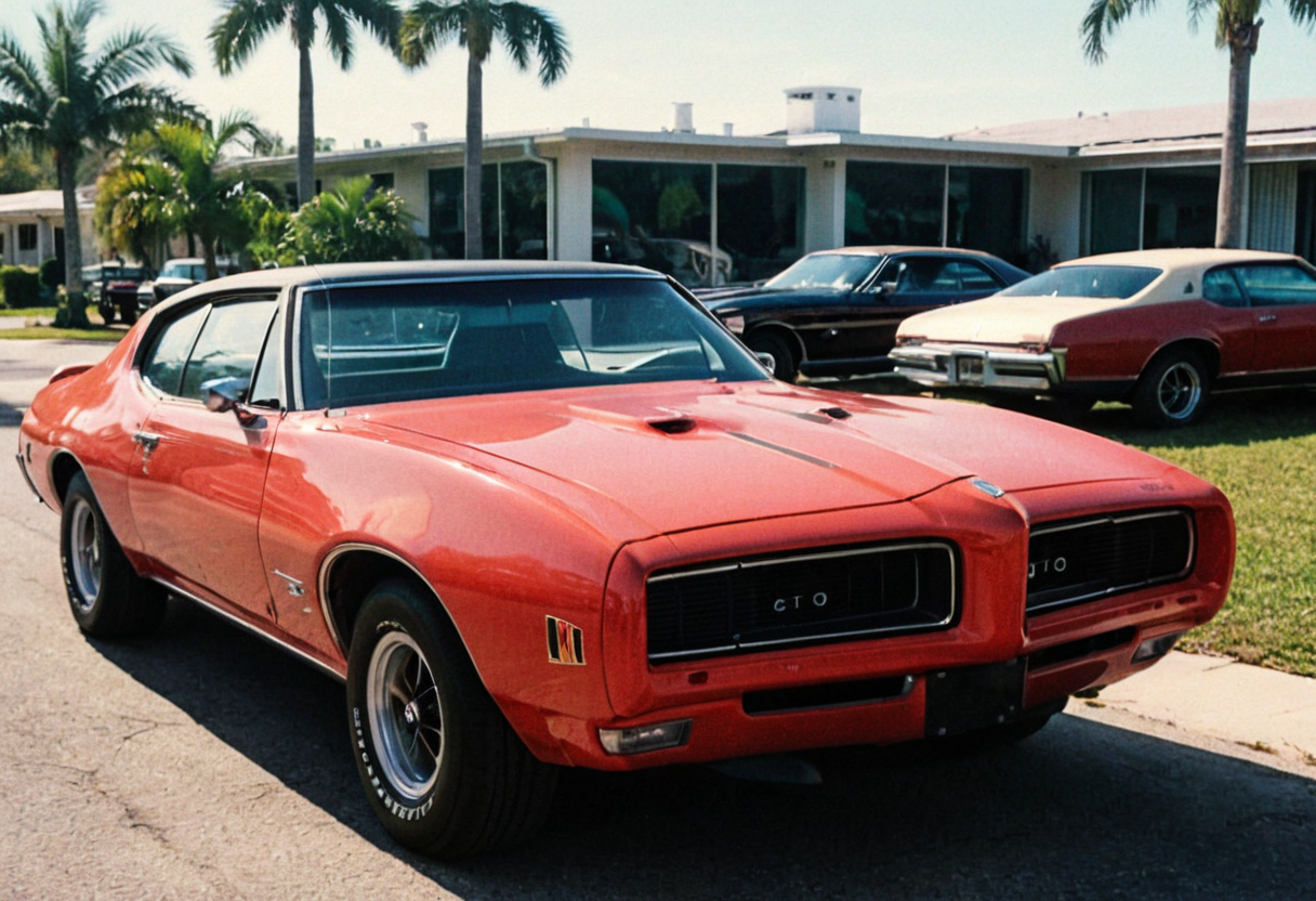MiamiVice, VintageMuscleCar, Pontiac GTO, outdoors, stripes, front side view, sunny, highly detailed, 4K, (stylish grainy analog 35mm film photo)
