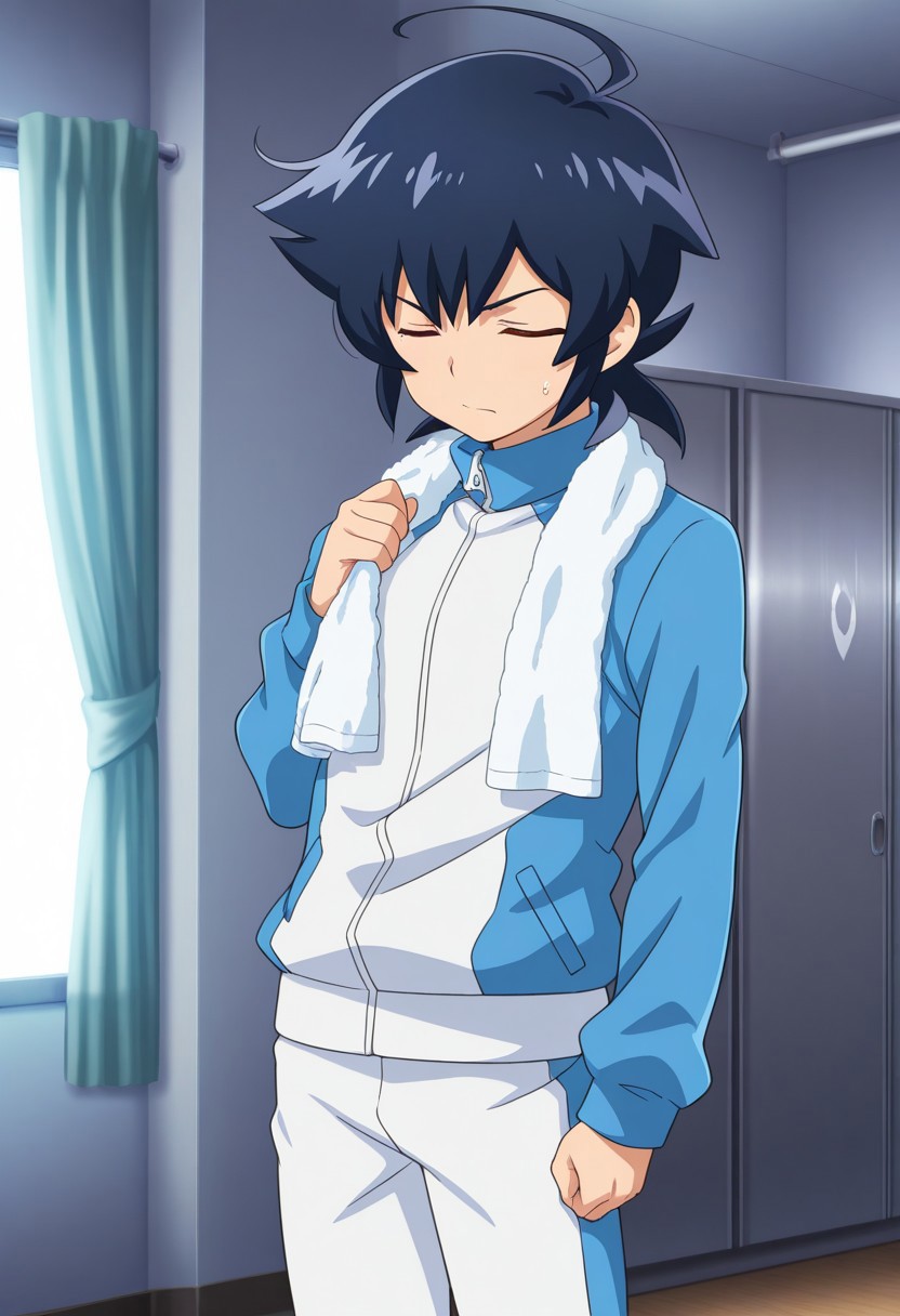 masterpiece,best quality,amazing quality, source_anime,
hirozora, 1boy, male focus, solo, brown eyes, blue hair, medium hair, ahoge, track jacket, towel around neck, closed eyes, tired,
indoor, room,