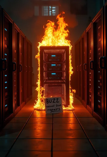 (masterpiece, best quality), A flaming server rack sits in the middle of a dark room on a tile floor. The flames illuminate the space surrounding it revealing more server racks on either side. A sign saying "Buzz needed for repairs" sits on the floor a few feet in front of the server rack.
