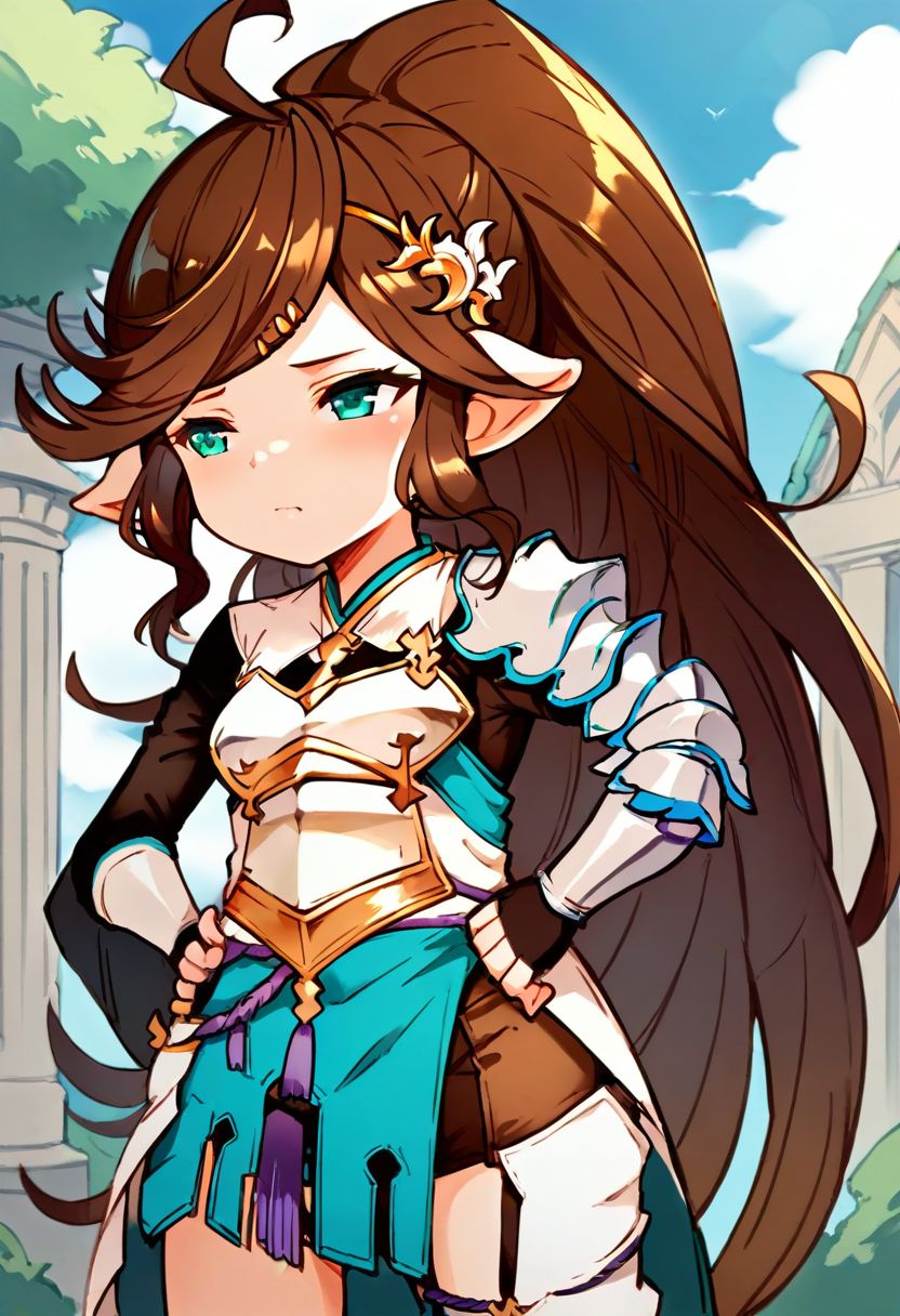 score_9, score_8_up, score_7_up, best quality, uncensored, source_anime, intricate details, high quality, perfect anatomy, BREAK
1girl, solo, gbf-polaris, harvin, brown hair, ponytail, green eyes, hair ornaments, armor, thigh boots, gbf-polaris outfit,
downblouse, hands on hips, Sleepy, Drooping eyelids, half-closed eyes, and a slightly dazed expression., outdoors,
<lora:sdxl_lightning_8step_lora:1> <lora:gbf-polaris_XL(pony):1>