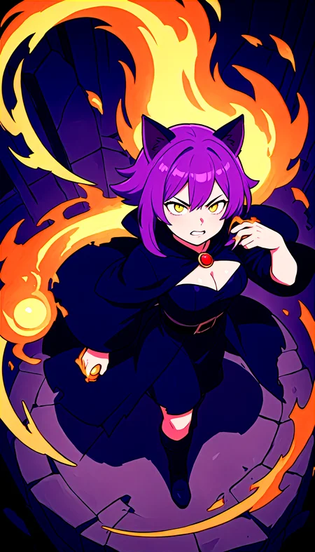 Masterpiece, best quality, flat colors, (chiaroscuro:0.5), high angle shot, black cat ears, purple hair with yellow highlights, cleavage, fierce expression, BREAK, fire magic, fire ball on hand fire vortex, dark robe, boots, BREAK, dark street, ruins