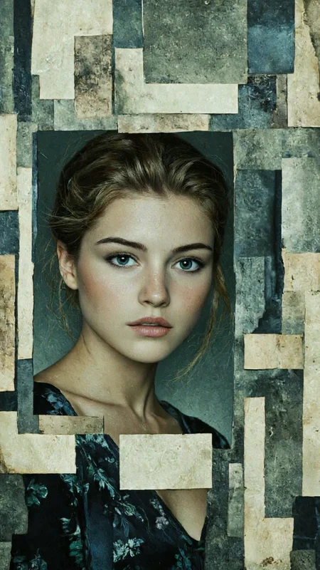 highly stylized digital artwork that combines elements of collage and photography. The central subject is a young woman with fair skin and striking, almond-shaped eyes. Her hair is styled in a loose updo, and she gazes directly at the viewer with a solemn expression. The image is divided into multiple rectangular segments, each showing a different aspect of her face. Some segments show her full face, while others focus on specific features like her eyes, nose, or mouth. The background is a muted, aged paper texture, giving the artwork a vintage, almost sepia-toned feel. The woman's attire is a dark, floral-patterned garment, adding a touch of elegance to the composition. The overall color palette is dominated by cool tones of blue, green, and brown, contributing to a moody and introspective atmosphere. The artwork's style blends realism with a collage-like approach, creating a unique visual effect that draws the viewer's attention to the subject's intense gaze and the fragmented nature of the image. The texture of the paper and the delicate details in the floral pattern add depth and richness to the overall composition.,aidmaimageupgrader, aidmaMJ6.1 <lora:aidmaMJ6.1-FLUX-v0.5:0.7> <lora:aidmaImageUprader-FLUX-v0.3:0.4>