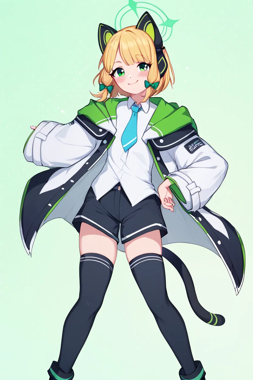 score_9, score_8_up, score_8, medium breasts, (curvy), cute, eyelashes, BREAK, , ,,, zzMidori, solo, blonde hair, short hair, green eyes, hair bow, tail, animal ears, fake animal ears, animal ear headphones, headphones, cat ear headphones, halo, hair bow, green halo, tail, cat tail, green bow, black thighhighs, blue necktie, collared shirt, long sleeves, white jacket, white shirt, black shorts, blush, black footwear, open jacket, hood, wide sleeves ,<lora:Midori_BlueArchive_PDXL:1.0>, ,,,, BREAK, <lora:Afrobull_PDXL_v5:0.8>, ,,, BREAK, smile, looking at viewer, closed mouth, cowboy shot, ,,, embedding:zPDXL, Expressiveh, ,,, <lora:SDXLFaeTastic2400:0.5>, <lora:Expressive_H-000001:0.4>,
