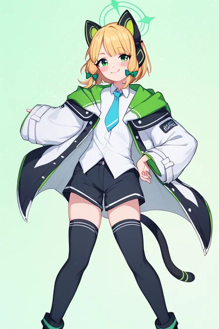 score_9, score_8_up, score_8, medium breasts, (curvy), cute, eyelashes, BREAK, , ,,, zzMidori, solo, blonde hair, short hair, green eyes, hair bow, tail, animal ears, fake animal ears, animal ear headphones, headphones, cat ear headphones, halo, hair bow, green halo, tail, cat tail, green bow, black thighhighs, blue necktie, collared shirt, long sleeves, white jacket, white shirt, black shorts, blush, black footwear, open jacket, hood, wide sleeves ,<lora:Midori_BlueArchive_PDXL:1.0>, ,,,, BREAK, <lora:Afrobull_PDXL_v5:0.8>, ,,, BREAK, smile, looking at viewer, closed mouth, cowboy shot, ,,, embedding:zPDXL, Expressiveh, ,,, <lora:SDXLFaeTastic2400:0.5>, <lora:Expressive_H-000001:0.4>,