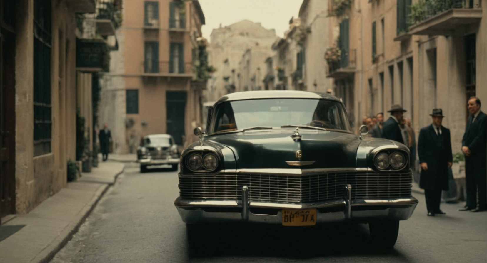 cinematic film still of  <lora:The Godfather Film Style:1.2>
a car parked on the side of a street The Godfather Film Style , shallow depth of field, vignette, highly detailed, high budget, bokeh, cinemascope, moody, epic, gorgeous, film grain, grainy