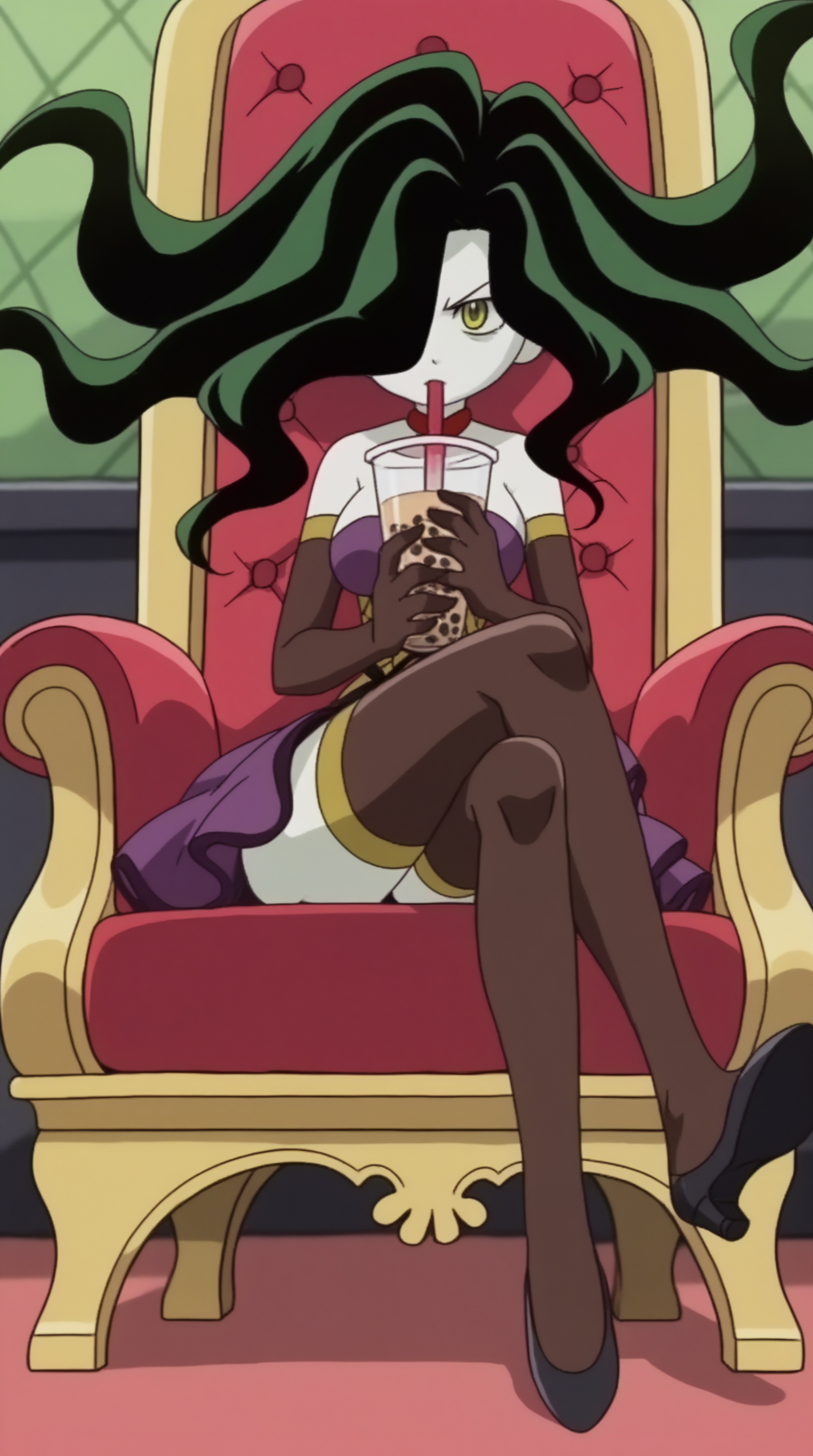 score_9, score_8_up, score_7_up,anime_source, source_anime, best background, detailed background, anime screencap  Sakurako Kintoki, Sedusa Costume, solo, sitting, crossed legs, drinking, bubble tea, indoors, throne, thighhighs, pale skin,  <lora:JN_Sakurako_Kintoki_Pony:0.8>