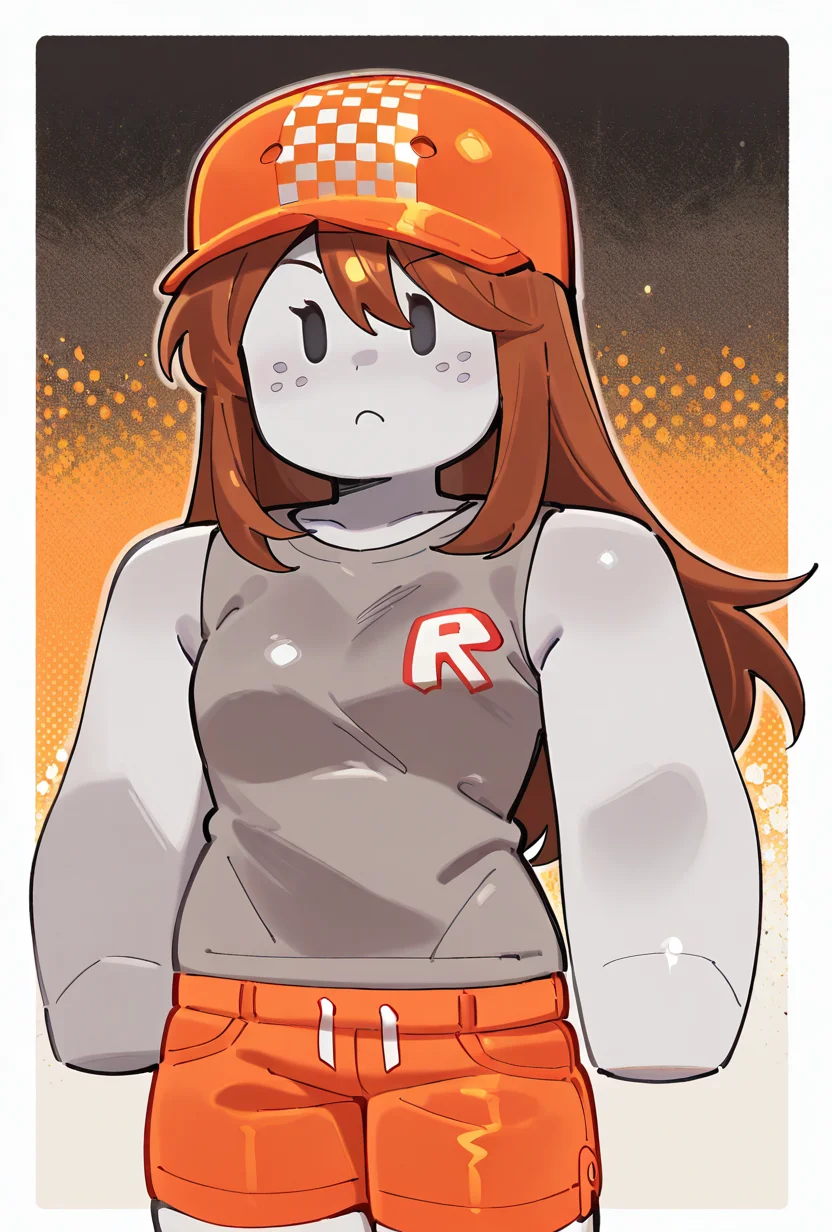 <lora:sk8r-10:1> sk8r, 1girl, long hair, brown hair, gray shirt, orange shorts, grey skin, orange hat, dot eyes, sleeveless,, masterpiece, best quality, amazing quality, very aesthetic, absurdres, newest,, upper body, halftone effect, white borders, abstract background:1.2,