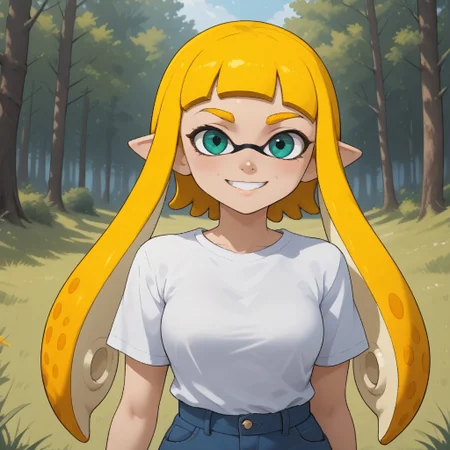 score_9, score_8, BREAK, solo, ssplatoon, inkling, female inkling, 1girl, tentacle hair, yellow hair, dark green eyes, cute, yellow eyebrows, white shirt, blue jeans, blue shoes, breasts, Bianca_(\OC_Inkling\), sexy pose, self portrait, smile, outdoors, sunlight, shadows, evening lighting, natural lighting, forest, trees, grass, orange sky, sunset