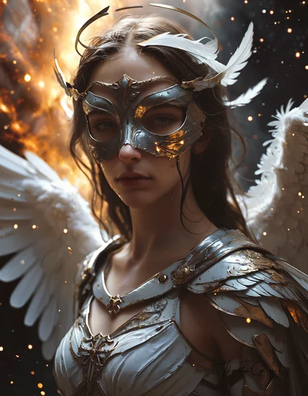 A photorealistic portrait of a merciless archangel, their face a mask of divine beauty and unwavering resolve. Their eyes, windows to a soul hardened by countless battles, burn with an intensity that pierces through the veil of reality. Their expression is a symphony of conflicting emotions: righteous fury, unwavering determination, and a hint of sorrow for the fallen. Their wings, a majestic expanse of shimmering feathers, are spread wide, casting a shadow of divine judgment upon the world. The background is a maelstrom of celestial energy, swirling with nebulae, stars, and distant galaxies, creating a sense of infinite power and cosmic scale. The lighting is dramatic, highlighting the archangel's sculpted features and the intricate details of their armor and wings. The overall effect is one of awe and reverence, a testament to the raw power and unyielding will of a celestial being.  <lora:MJ52.safetensors:0.60>  <lora:Model\Anna_024.safetensors:0.50>