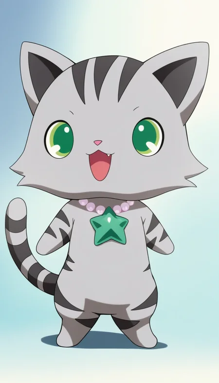 drawing, flat color, high quality, highres, good anatomy, detailed hands, detailed face, detailed fur, 2d, anime, ((source_furry, score_9, score_8_up, score_7_up, score_6), by darkgem, (Sharp focus, masterpiece, 8k, intricate artwork, hyper detailed, high detail), ((chunie)), tour, gray fur, star necklace, furry, furry male, no humans, green eyes, jewelry, cat, necklace, solo, looking at viewer, open mouth, :3, standing, star (symbol), smile, tail