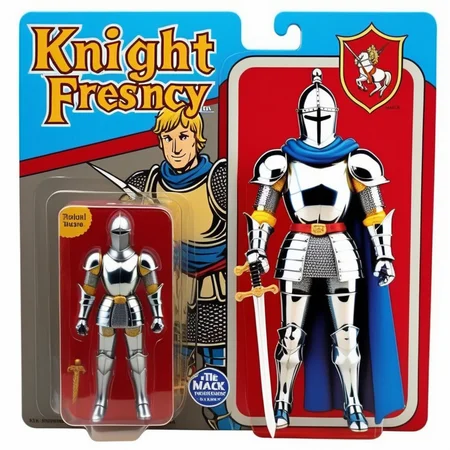 A meticulously detailed, photo-realistic image of a Knight action figure, packaged in a vibrant box. The packaging prominently features a cartoon illustration of Knight on one side, characterized by exaggerated features and a signature expression. Beside the cartoon, a clear window panel reveals the action figure, a precise replica, with distinct detailing and accurate coloring. The figure's attire mirrors Knight iconic suit and tie ensemble, complete with miniature accessories. The background of the box displays elements symbolic of Knight presidency, subtly enhancing the collectible's thematic appeal <lora:gonza:0.65> <lora:Knight :1> ,