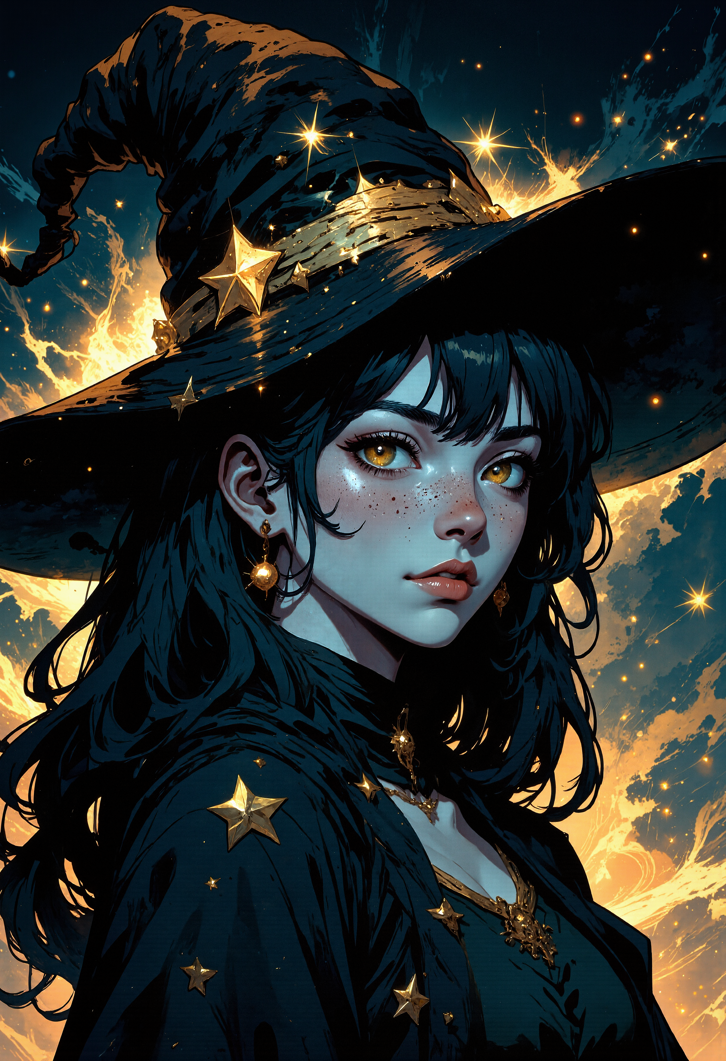 A beautiful young woman with pale skin and dark wavy hair wearing a black pointed witch's hat adorned with white stars. Her expression is calm, with slightly parted red lips. She wears a dark, starry robe with golden stars, and her long dark hair cascades over her shoulders. The lighting highlights her face and hair, giving the scene a soft, warm glow. The background is blurred, a mix of dark blues and yellows, with a few glowing specks of light, creating a magical and mystical atmosphere. Hyper-realistic, portrait view, centered, high-quality details of the face and clothing.     <lora:chargen-celshading-lora_v2_dev:0.8> in the style of chargen_stylised_illustration image of, <lora:Comic book V2:0.6> Comic book style, <lora:animemixx_rank16_bf16:0.6> <lora:flux.1_lora_flyway_Epic-Characters_v1:0.43> <lora:Dreamy_Illustrations_FLUX_LoRA-000001:0.33>
