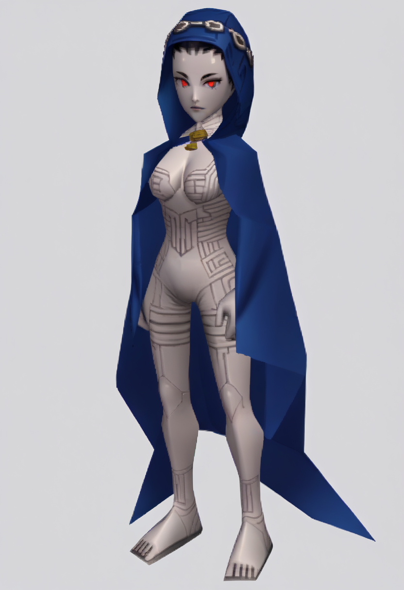score_9, score_8_up, score_7_up, source_anime BREAK 1girl, solo,
 <lora:zs_N64ZeldaStyleXL:1> n64zeldastyle, 3d, polygonal, white background, full body
 <lora:zs_SophiaXL:1> sophiasmtv, gray skin, colored skin, black hair, short hair, red eyes, blue hood, blue cape, cleavage,