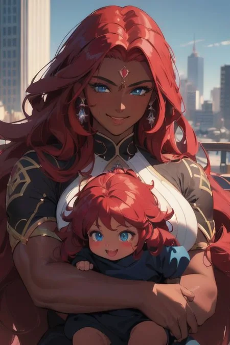 (masterpiece, best quality:1.4), (ultra realistic:1.4), (8k uhd, very high quality:1.4), (extremely detailed face:1.4), (dark skin and muscular mother holding her dark skin female toddler:1.4), (dark skin:1.4), (absurdly long ruby red hair:1.4), (smiling and happy:1.4), (bright blue eyes:1.4), (city background:1.4)