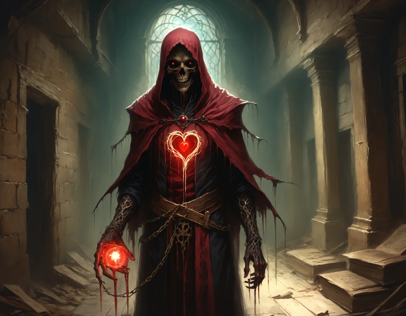 n a decaying manor's heart, an antiquarian delved into a cryptic grimoire's depths. The Codex Arcana's symbols danced, promising forbidden power. His voice filled the cavernous halls with an incantation that conjured a crimson light and unveiled a chasm to the shadow realm. He stood on the precipice between knowledge and oblivion, the veil between worlds trembling in his hands.<lora:The_Grey_Ones_Horror_Theme_v2-000008:0.8> gr4y0ne, horror (theme)