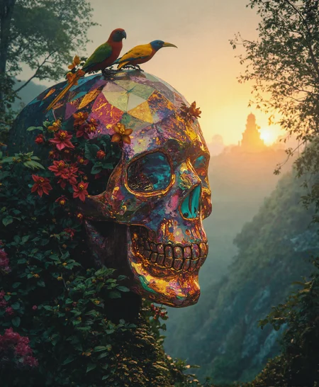 analog film photo A massive iridescent crystal Mexican skull towers over a lush jungle canopy at sunset. The skull's facets catch the fading golden light, scattering a kaleidoscope of colors across the verdant foliage below. Exotic birds with vibrant plumage perch on the skull's crown, while vines and orchids grow from its eye sockets. A hidden Mayan temple peeks through the mist in the background. . faded film, desaturated, 35mm photo, grainy, vignette, vintage, Kodachrome, Lomography, stained, highly detailed, found footage