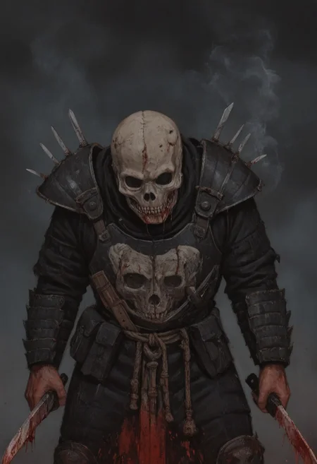 (score_9, score_8_up, score_7_up), drhdr_style, 1boy, solo, sketch, skull mask, japanese armor, knife, holding knife, blood, magic, slull mask, skull, low light, darkness, man standing knee-deep in black water and holding weapon, black smoke, close-up, detailed background