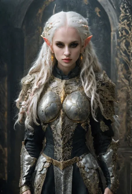 analog film photograph of the high queen, an elf female of unearthly beauty, very long straight white hair, very pale pink skin, light grey eyes, (natural ears:1.2)
mysterious smirking expression, looking down at the viewer, wearing (intricately decorated Milanese black (full cuirass) plate armor:1.4), intricately decorated with a damask, gold inlay, (brandishing a glowing sword pointed at the viewer:1.9),
elf queen, full body shot,
1girl, GLOWING STYLE