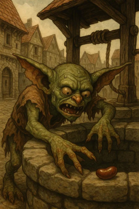 Gremlin in ragged clothes in a medieval town, reaching into a well to reach a very juicy bean, he is sweating he wants it so bad